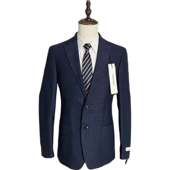 Calvin Klein Men's 41 Long Sport Coat Slim Fit Classic Navy Blue Herringbone NEW - Picture 1 of 9